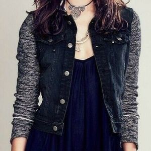 Free People denim jacket with knit hood & sleeves